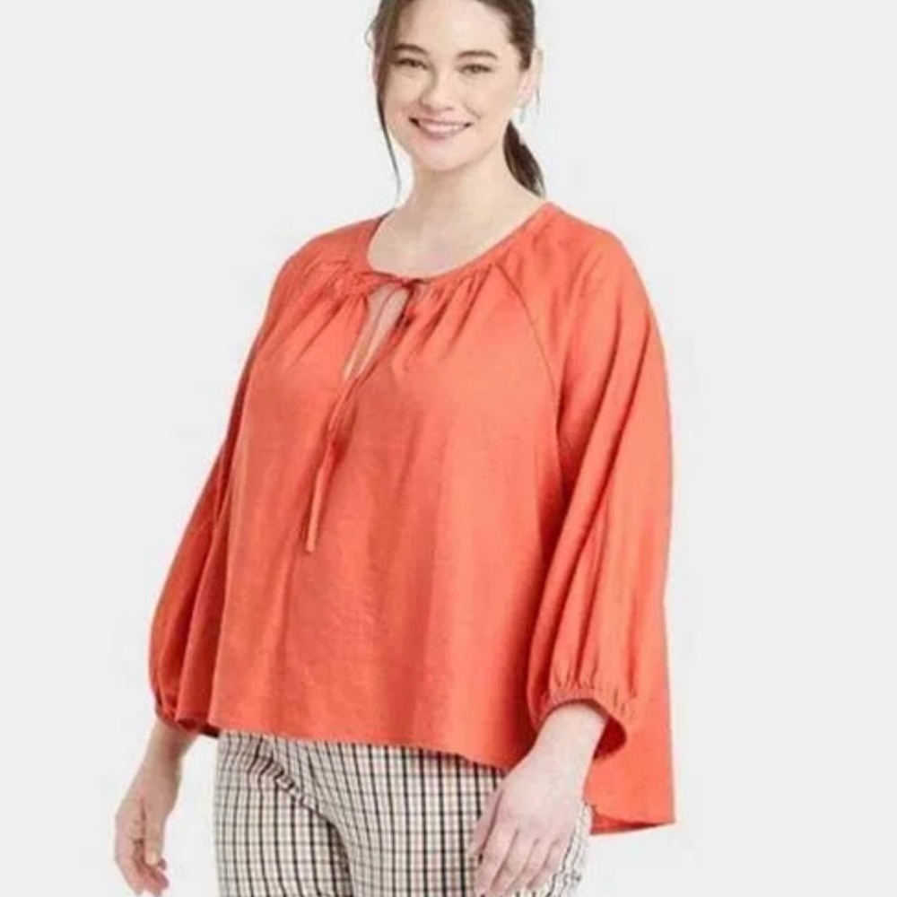 Linen Blend A New Day Bohemian Hi-Lo Top Oversized Balloon Sleeve Ties Orange Sm